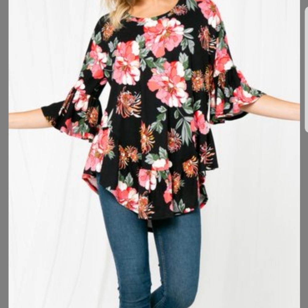 1️⃣day Sale!Paulino Black&Floral Ruffle HiLo Tunic